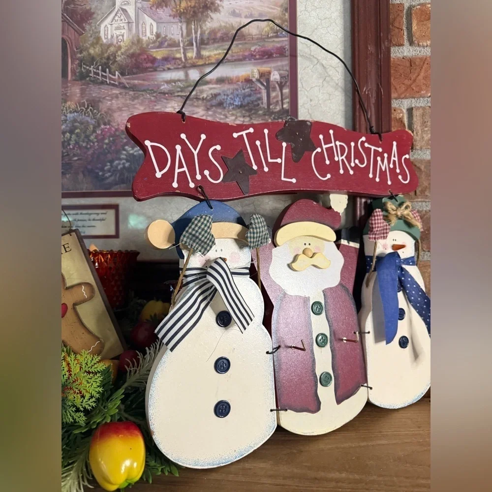Vintage 1998 Festive Snowman and Santa Countdown Solid Wood Wall Hanging Sign